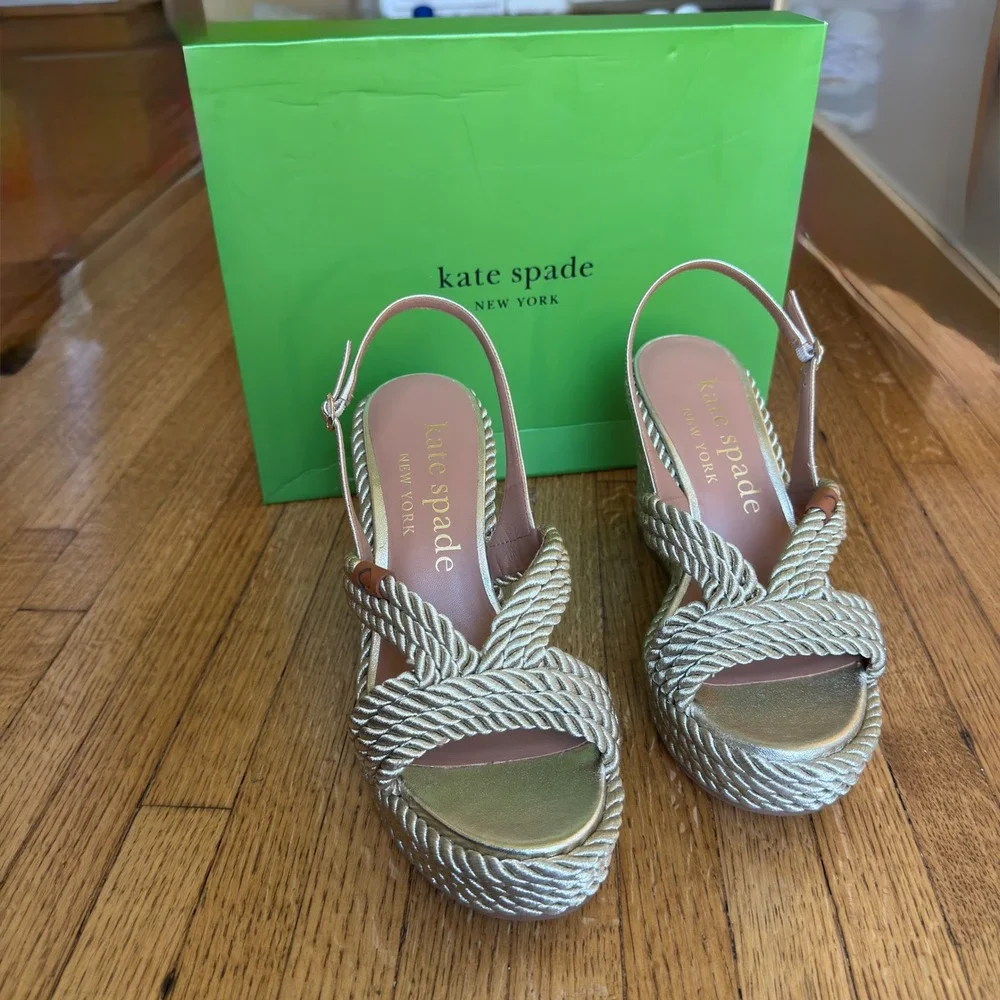 Kate Spade New York Metallic Gold Rope Platform Wedge Slingback Sandals 9.5